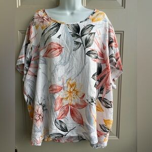 C & C California 3X 100 % Linen Floral Blouse White Boho Summer Top Vacation